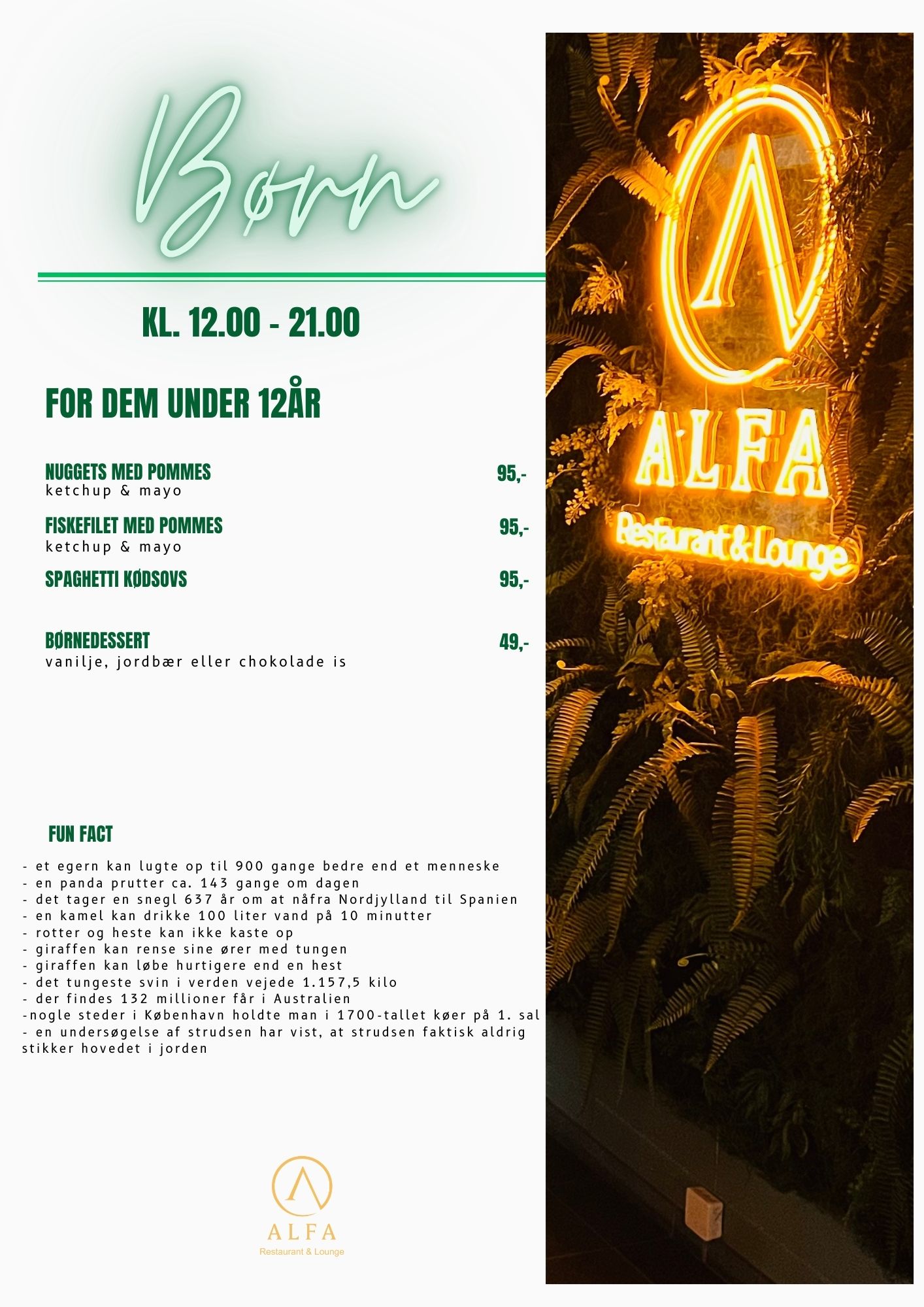 Børnemenu på Restaurant Alfa